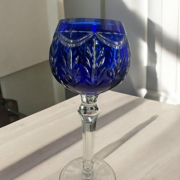 Vintage Cobalt Blue Cut Crystal Wine Goblet With Clear Stem - Picture 2 of 6